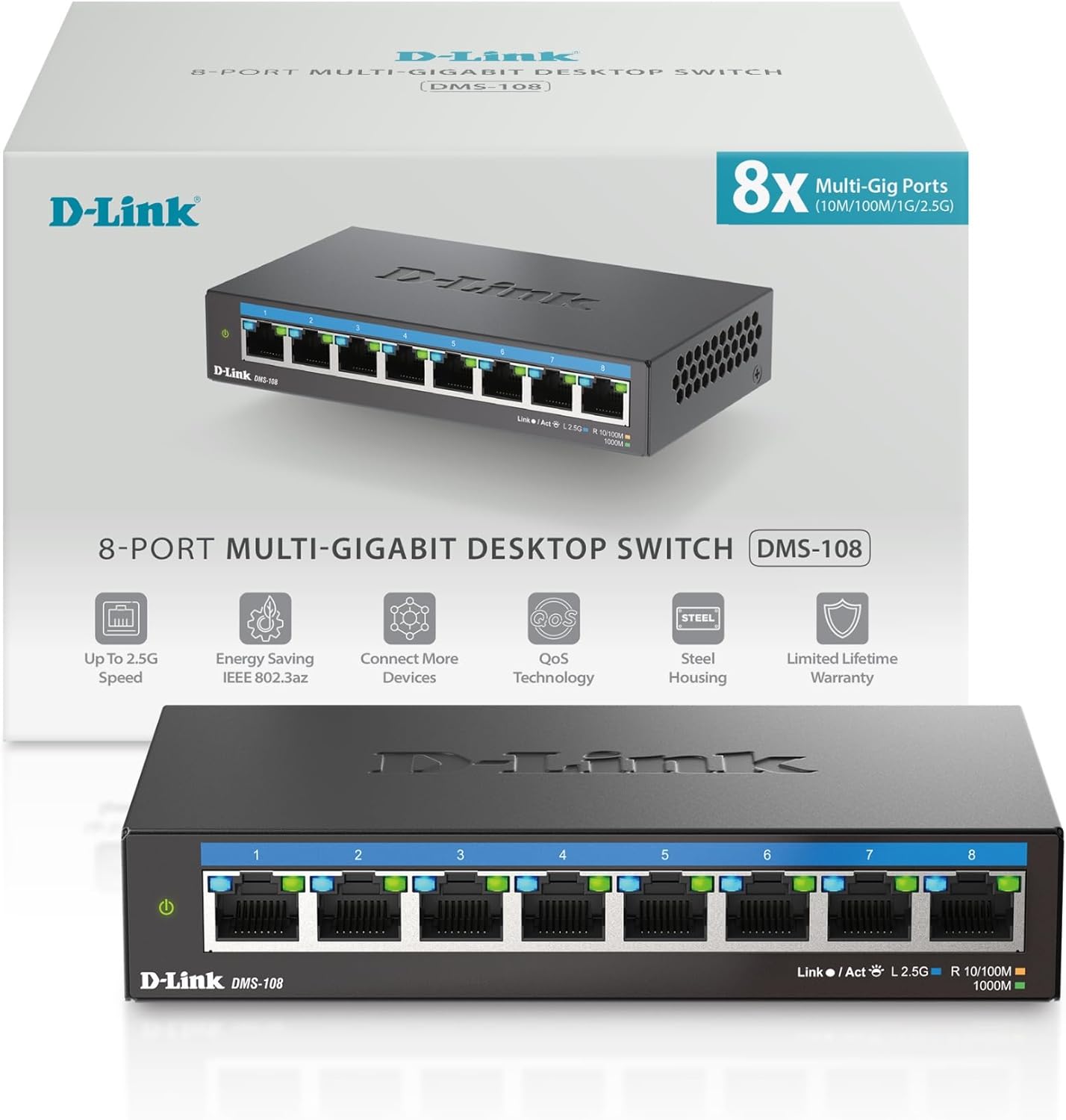 718v4njtbRL._AC_SL1500_.jpg D-Link 8-Port 2.5GB Unmanaged Gaming Switch with 8 x 2.5G - Multi-Gig, Desktop - Image 1