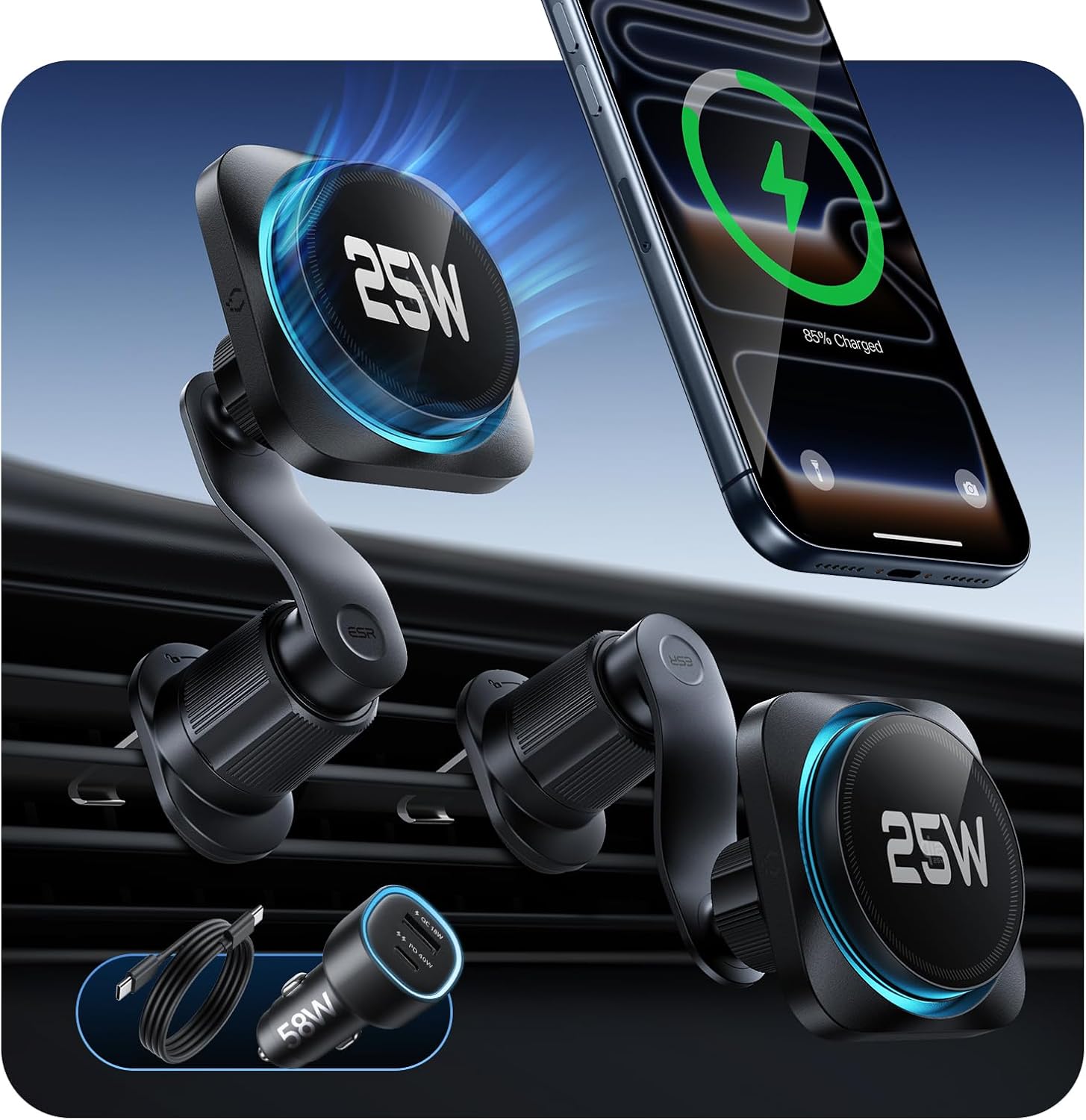 71PBfagAr9L._AC_SL1500_.jpg ESR OmniLock Qi2.2 25W Certified MagSafe Car Mount Charger with Cryoboost - Image 1