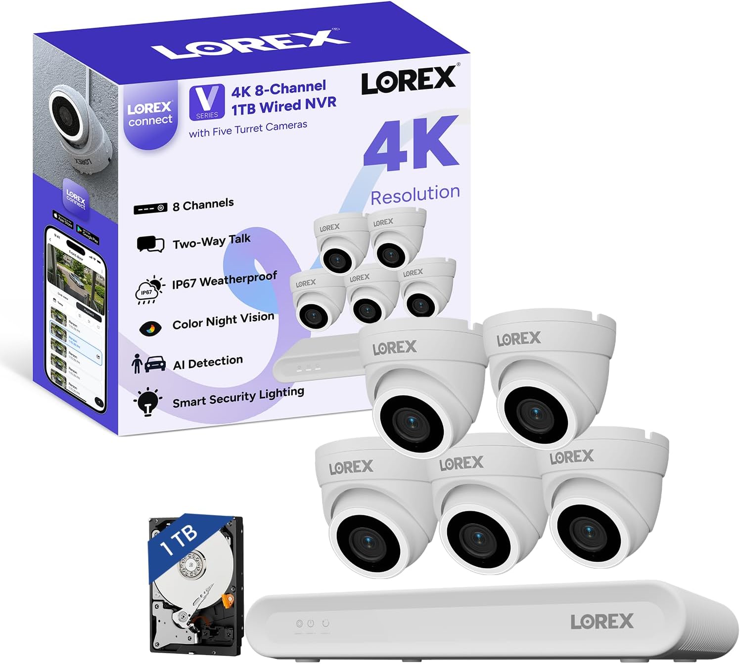 71RZ9hc5e5L._AC_SL1500_.jpg Lorex Connect (New App) | V-Series | 8Ch 4K NVR System | 5 Dome PoE Cameras - Image 1