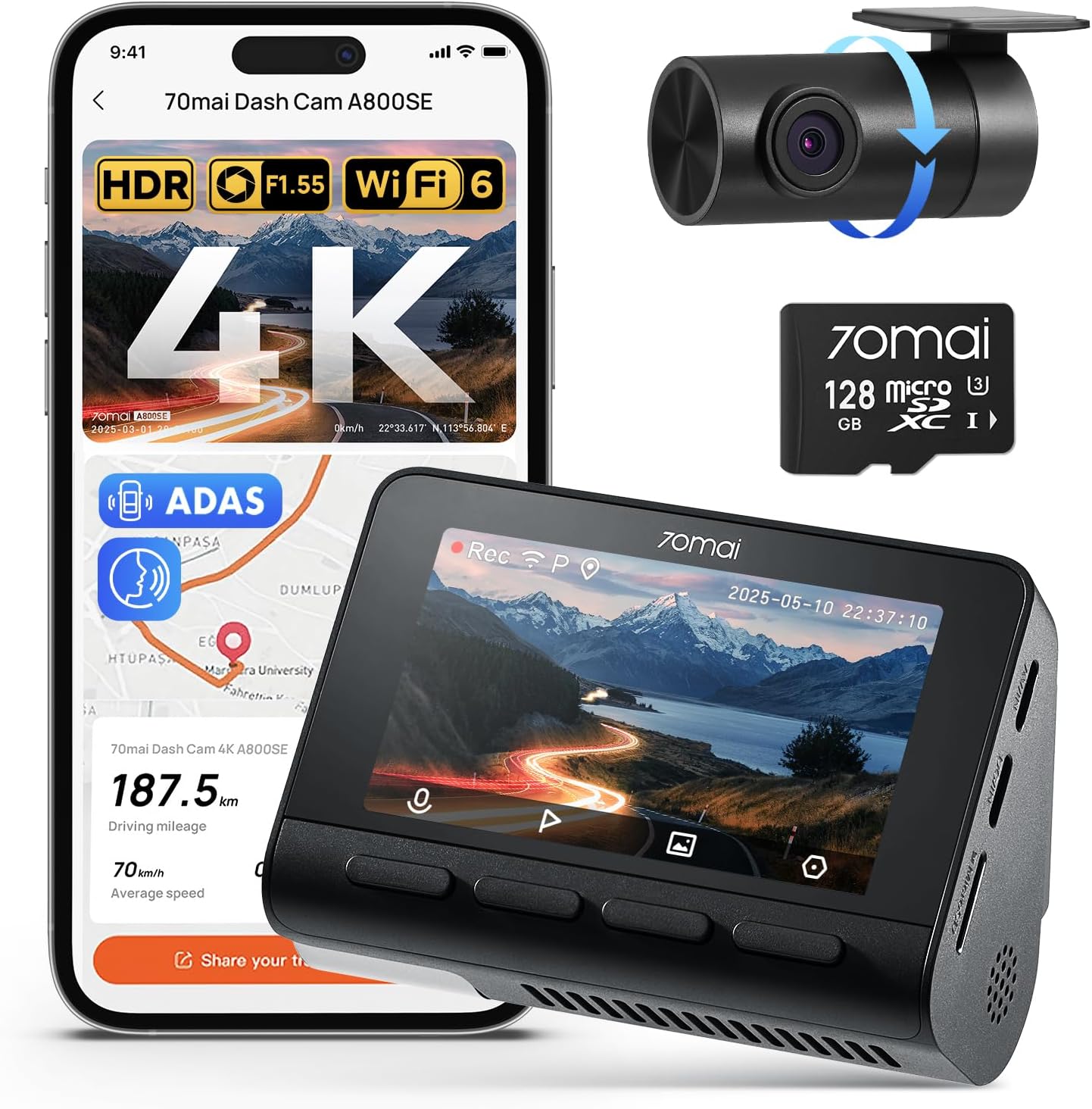 71etNs3g3kL._AC_SL1500_.jpg 70mai 4K Dash Cam Front and Rear, Built in Wi-Fi 6 & GPS Car Camera, Super Night - Image 1