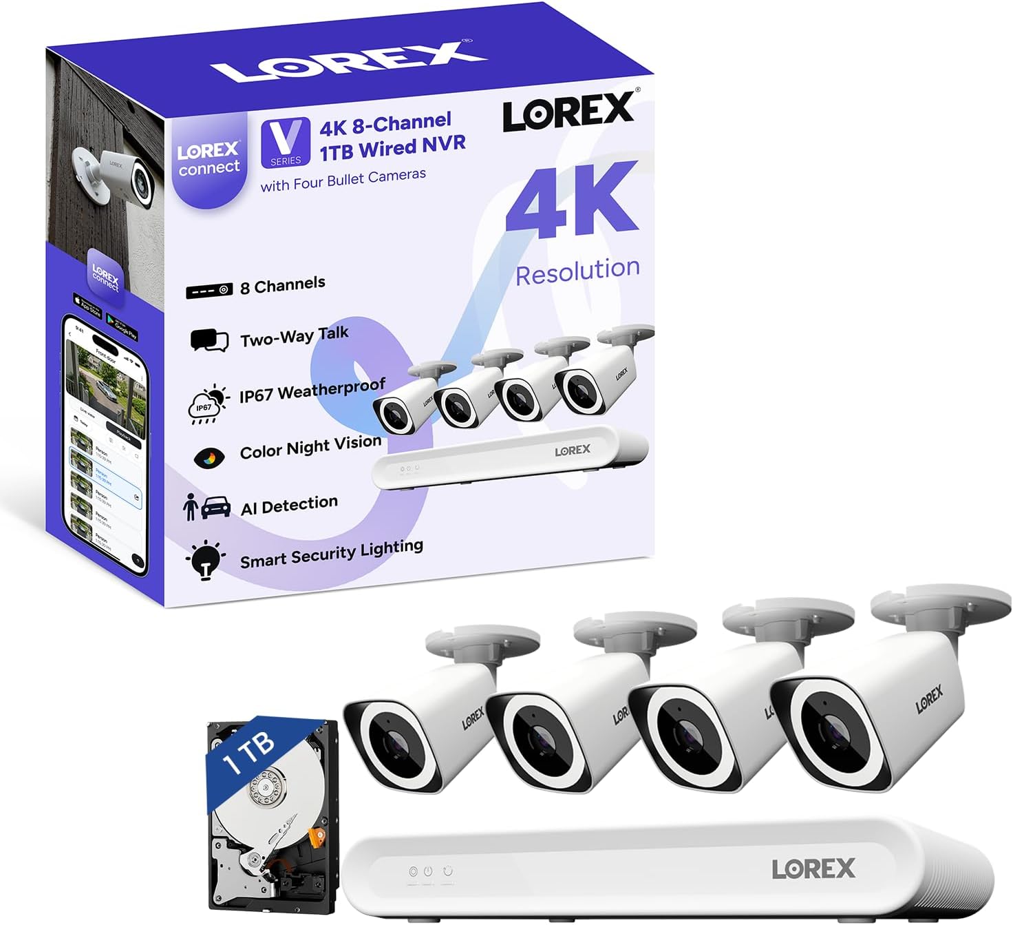 71o6k66ZEL._AC_SL1500_.jpg Lorex Connect (New App) | V-Series | 8Ch 4K NVR System | 4 Bullet Cameras - Image 1
