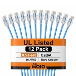 Tecmojo Ultra Slim Cat6A 0.5FT Ethernet Cable, 23AWG, 12-Pack, Blue