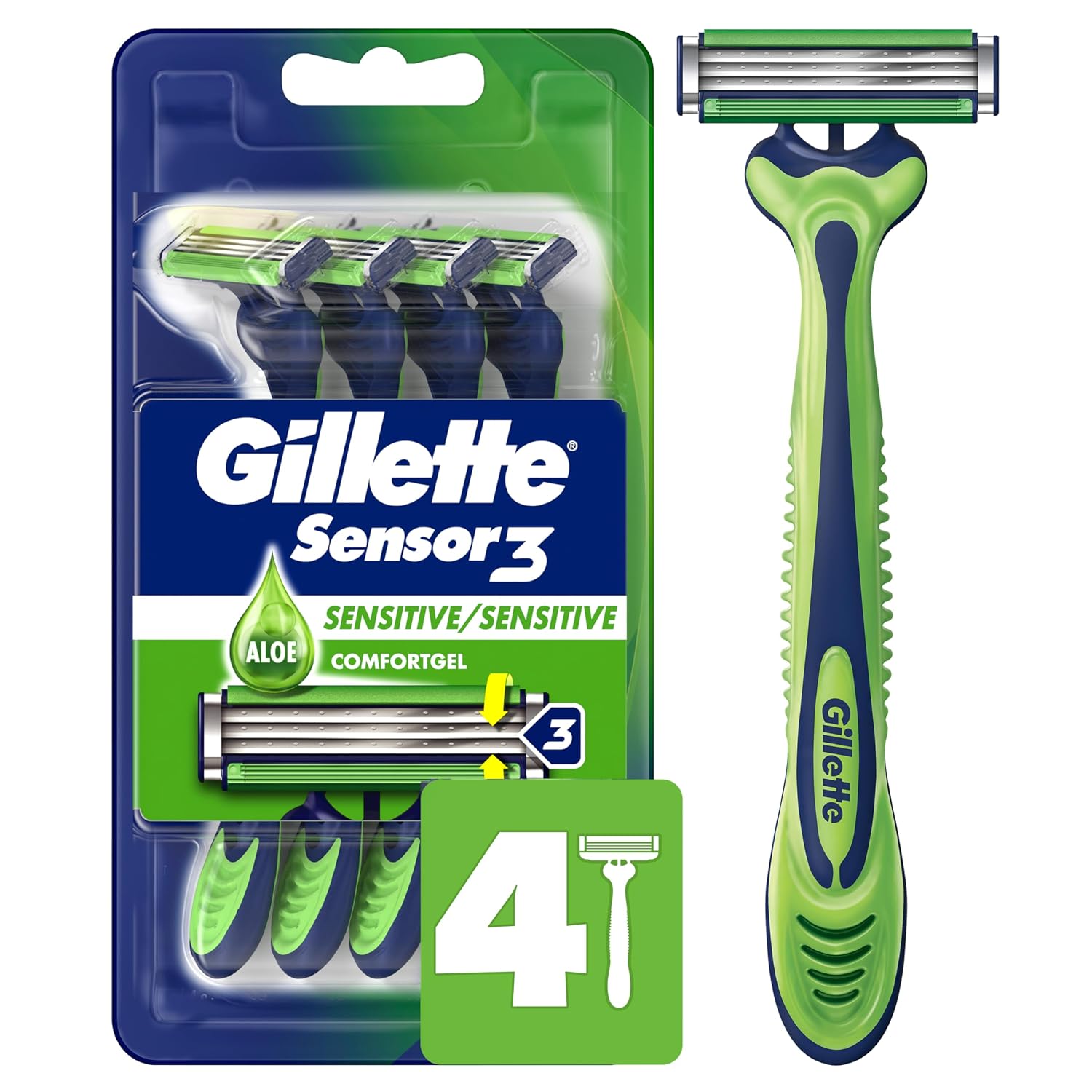 81uzMKQ3cQL._SL1500_.jpg Gillette Sensor3 Sensitive Men's Disposable Razor, 4 Razors - Image 1